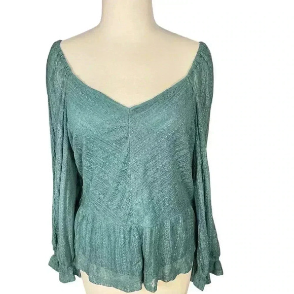 LC Lauren Conrad Puff Sleeve Lace Peplum Blouse NWOT Size XXL Huxley Blue - Picture 9 of 14